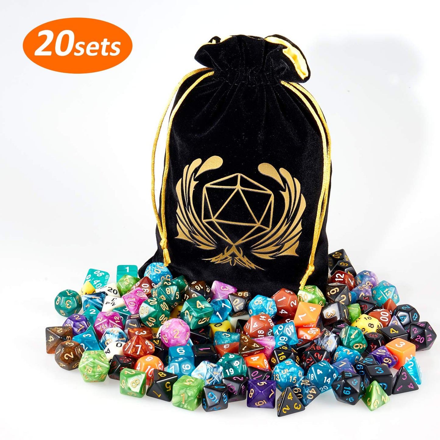 Coyeekn DND Dice Set — 140-Piece Polyhedral Dice in 20 Colors with Large Velvet Drawstring Bag