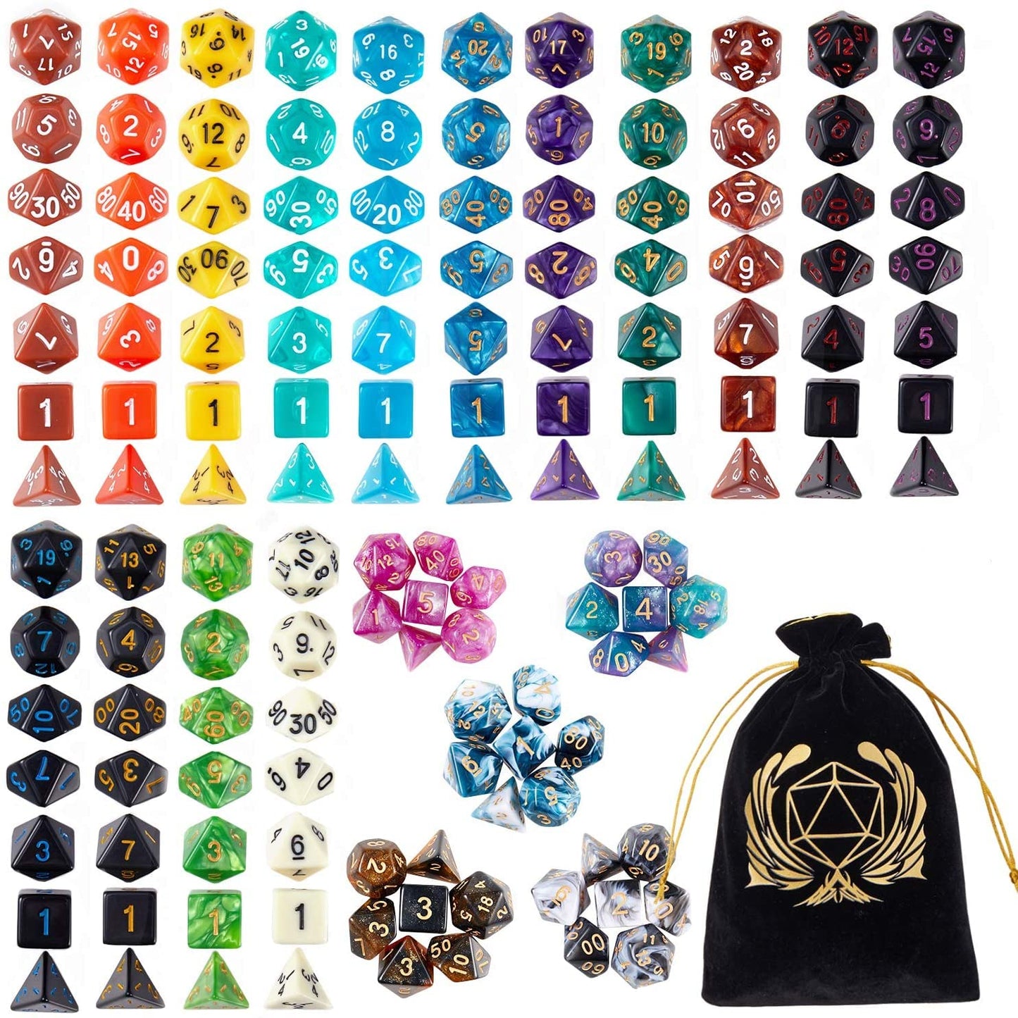 Coyeekn DND Dice Set — 140-Piece Polyhedral Dice in 20 Colors with Large Velvet Drawstring Bag