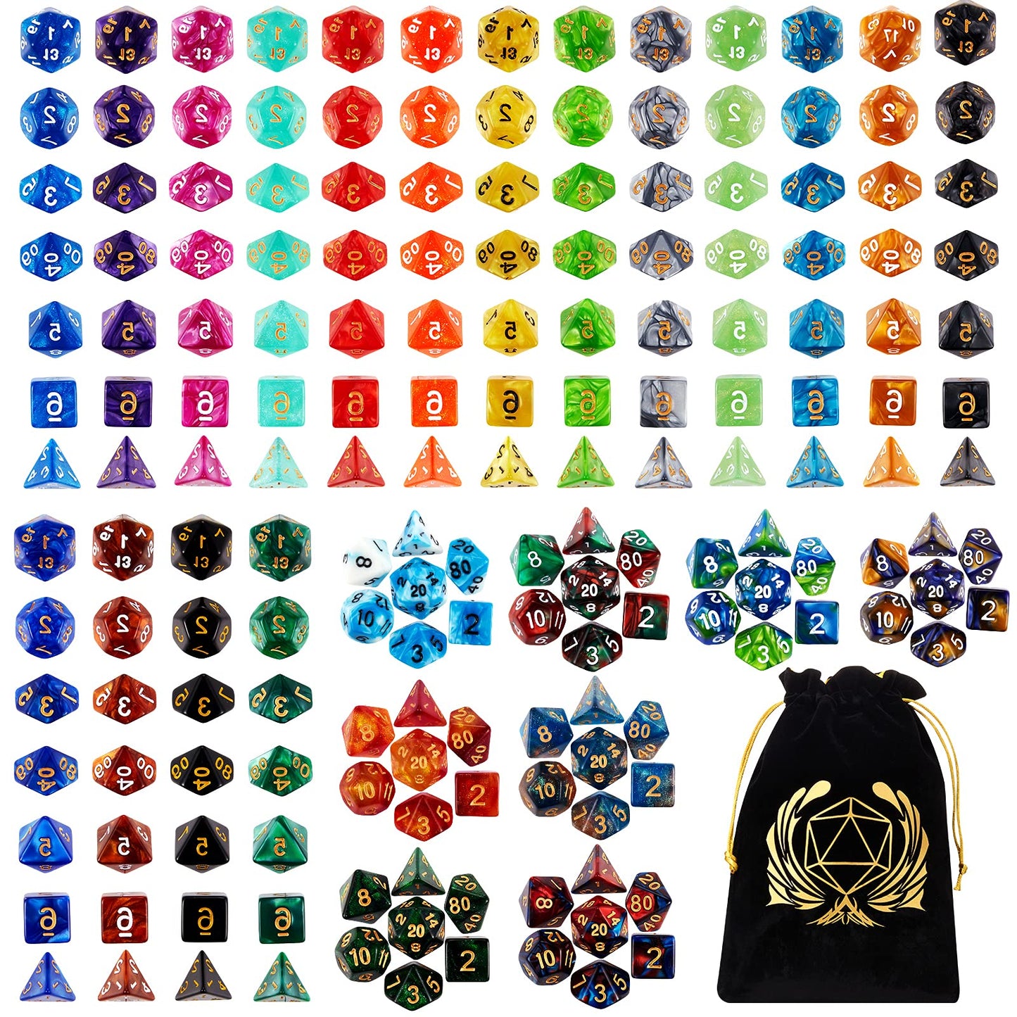 Coyeekn DND Dice Set – 175 Acrylic Polyhedral Dice in 25 Colors + Flannel Bag
