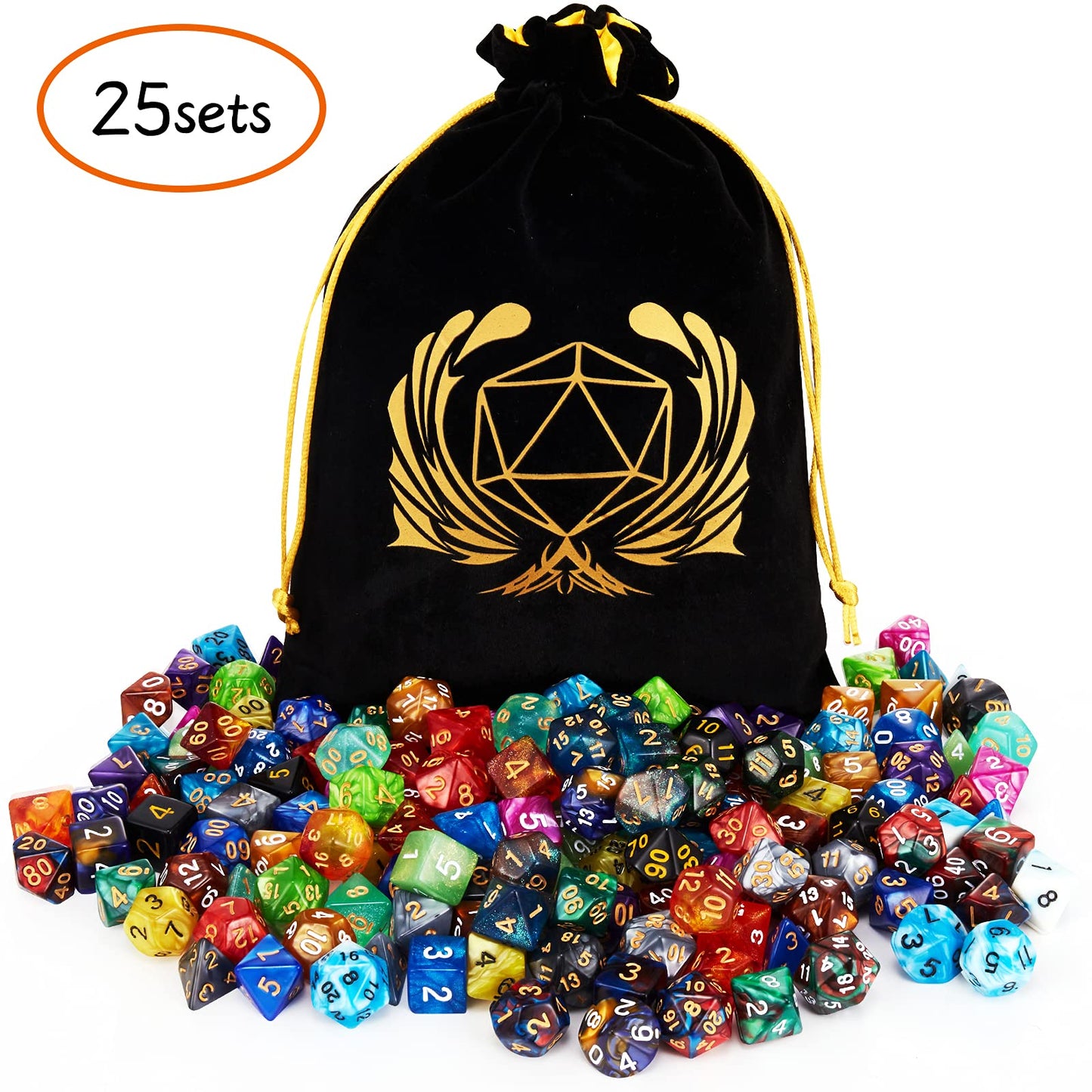Coyeekn DND Dice Set – 175 Acrylic Polyhedral Dice in 25 Colors + Flannel Bag