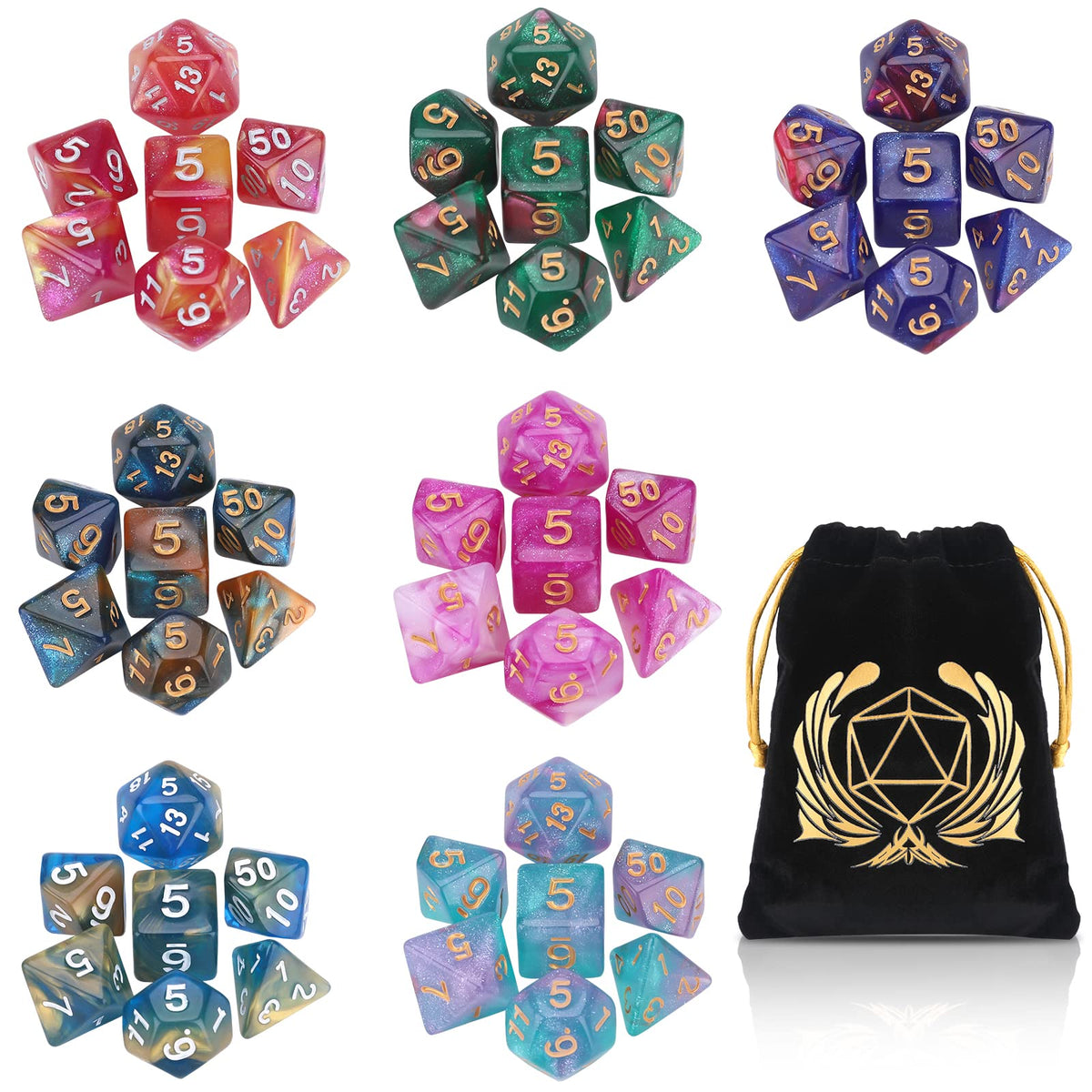 Coyeekn DND Dice Set – Glitter Polyhedral Dice, 7 Sets (49 Pieces) with Pouch