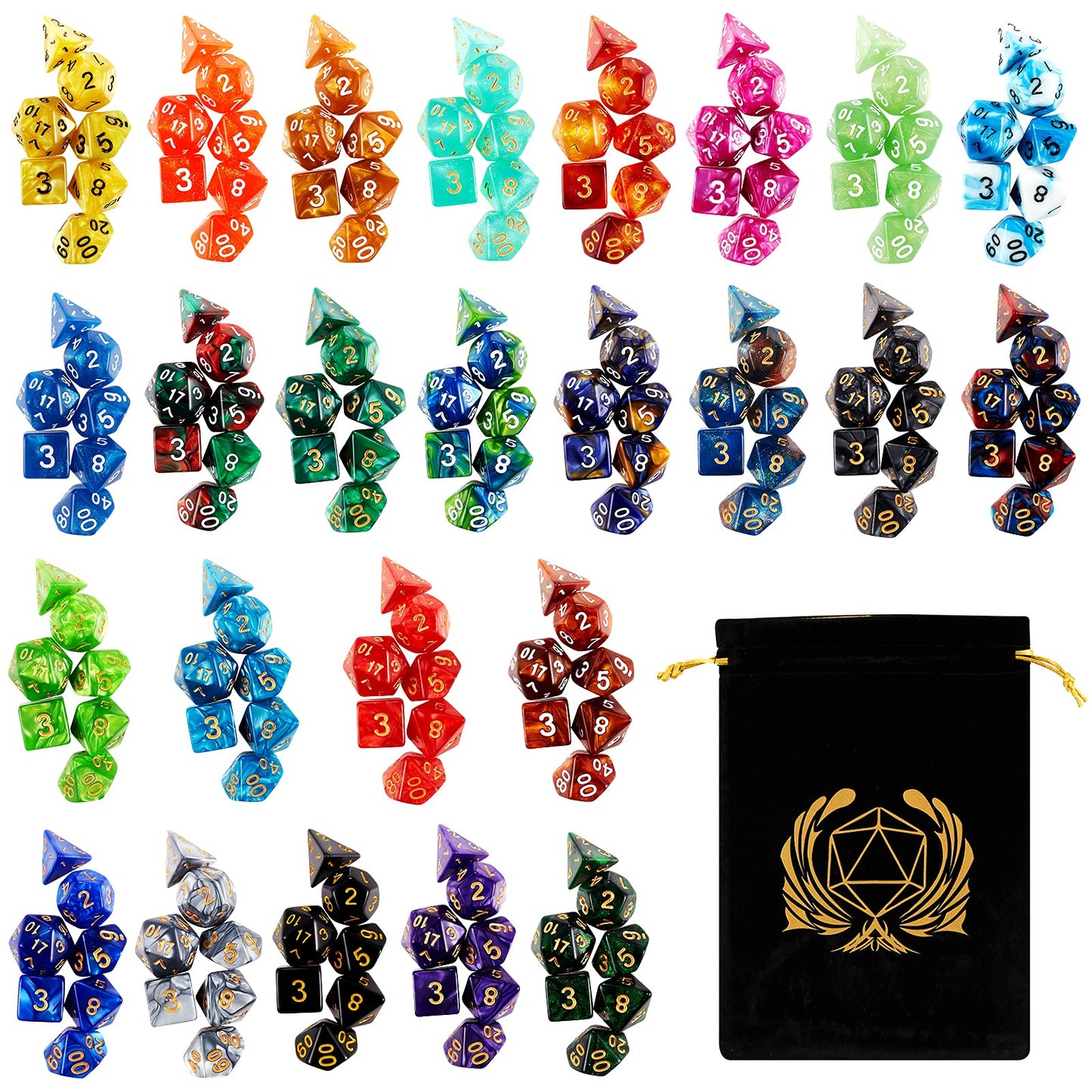 Coyeekn DND Dice Set – 175 Acrylic Polyhedral Dice in 25 Colors + Flannel Bag