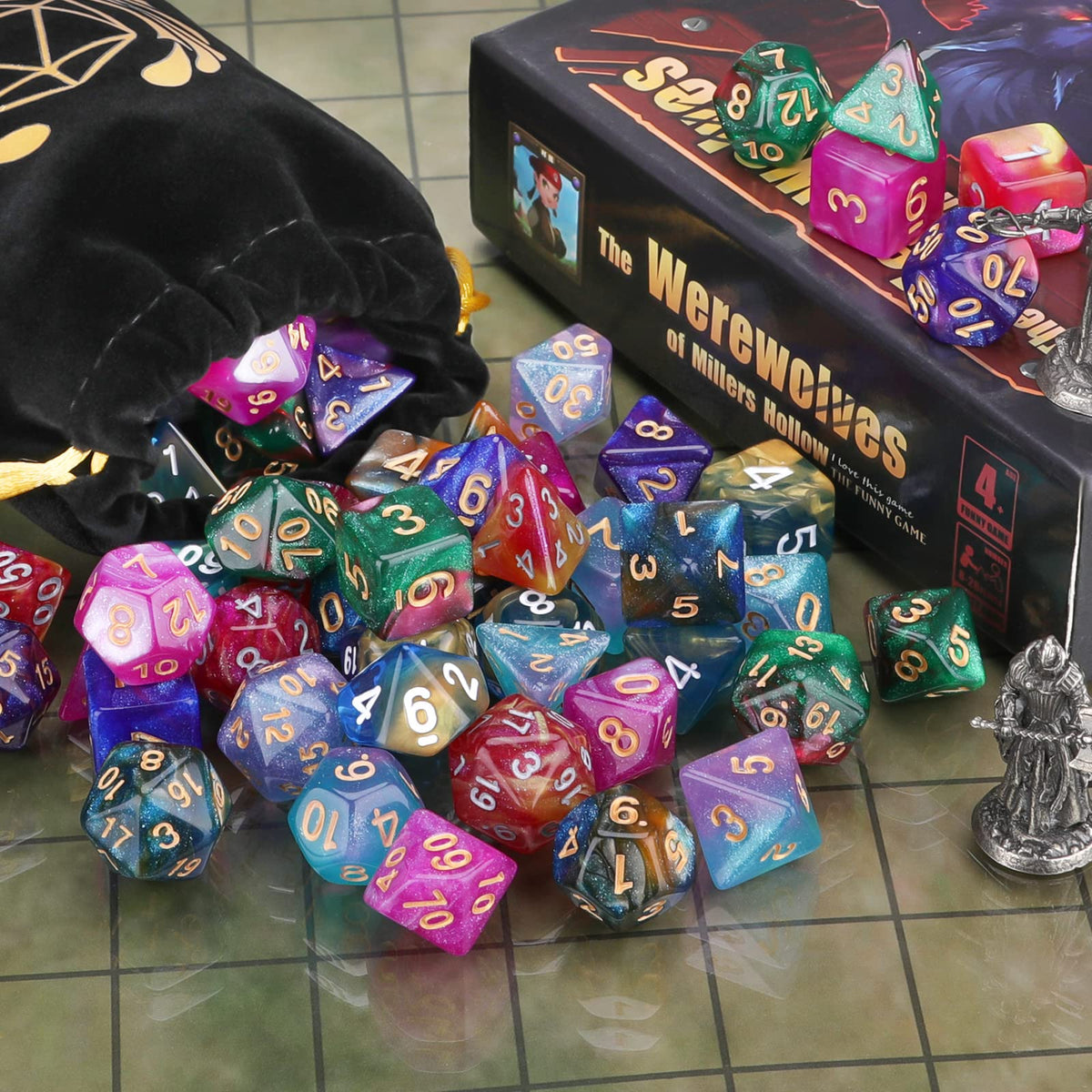 Coyeekn DND Dice Set – Glitter Polyhedral Dice, 7 Sets (49 Pieces) with Pouch