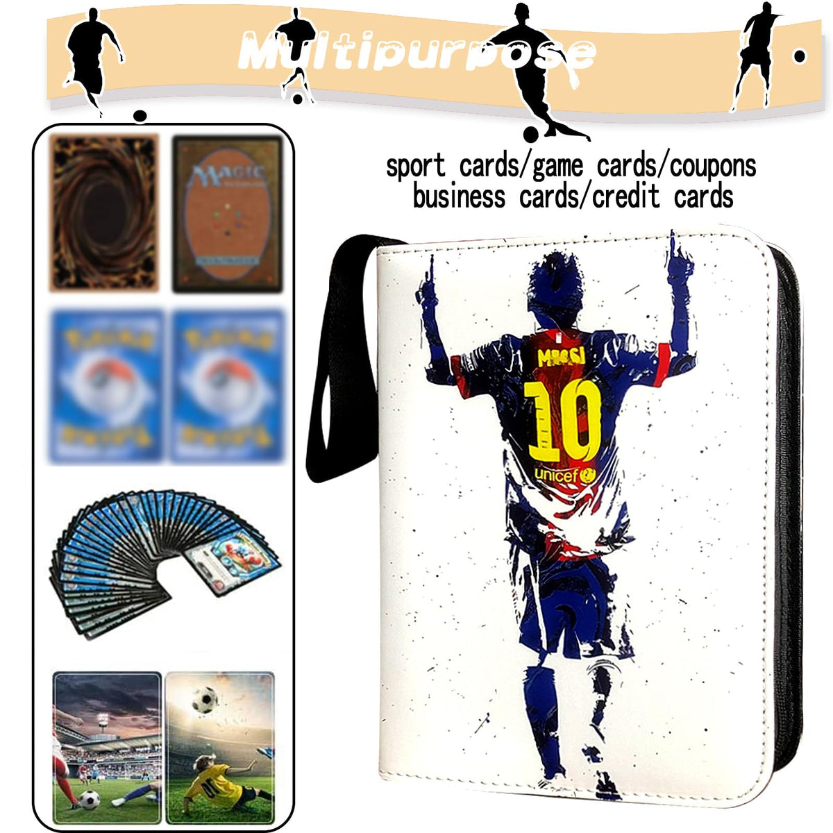 COYORO Soccer Card Binder — 4-Pocket Pages, 50 Removable Sleeves, 3-Ring Zipper Binder for 400 Cards