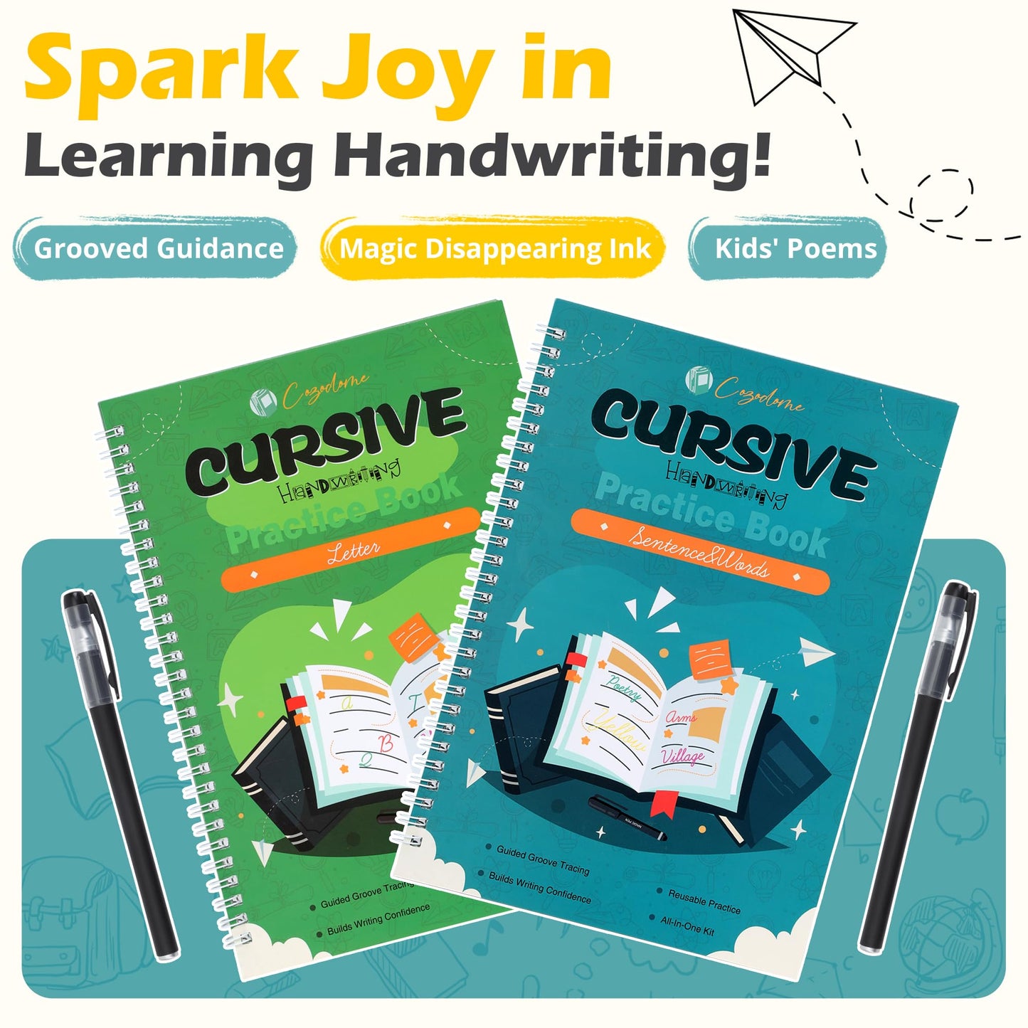 Cozodome Grooved Cursive Handwriting Workbook for Kids – Reusable Magic Ink & 3D Tactile Lines