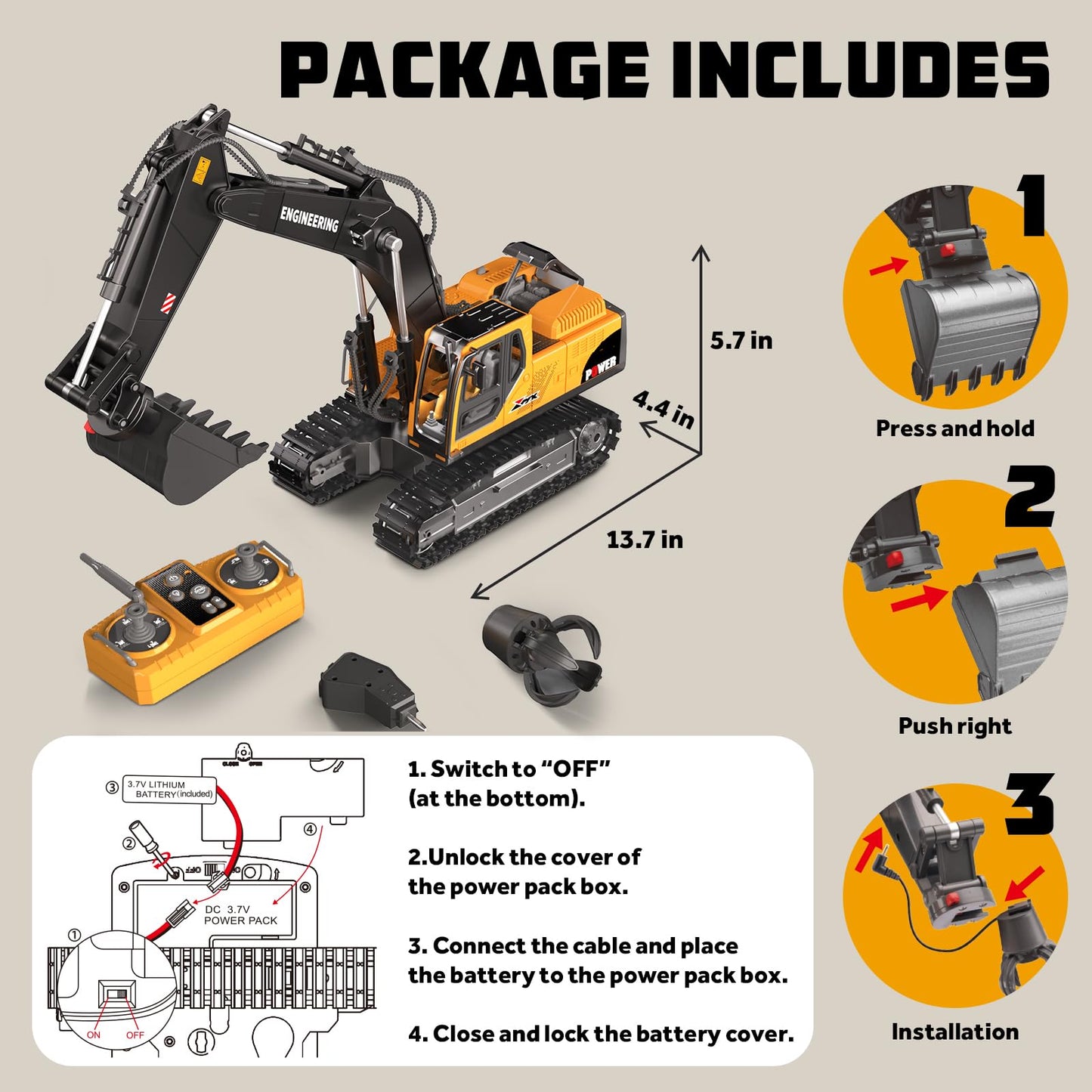 CozyBomB Remote Control Excavator Toys – 3-in-1 Attachments, 680° Rotation, Dual Batteries