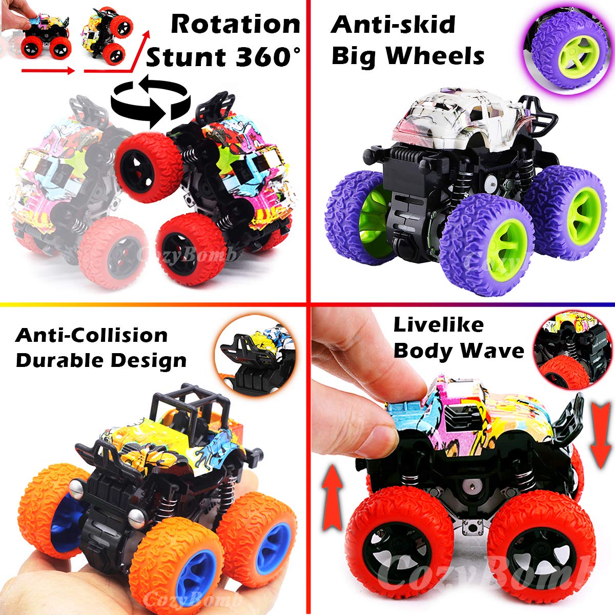 CozyBomB Monster Trucks – Friction-Powered 3-Pack Push & Go Toys for Kids 3–5