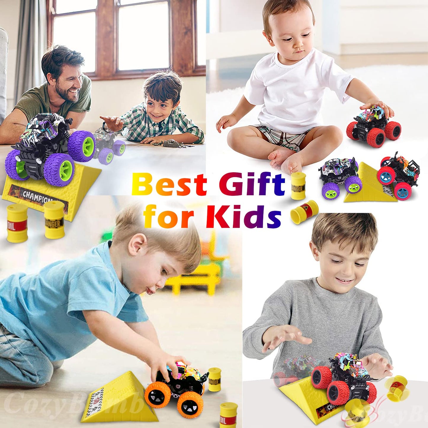 CozyBomB Monster Trucks – Friction-Powered 3-Pack Push & Go Toys for Kids 3–5