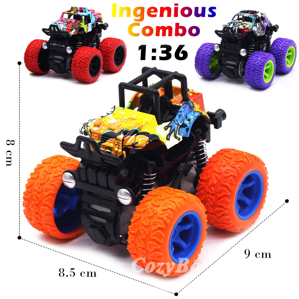 CozyBomB Monster Trucks – Friction-Powered 3-Pack Push & Go Toys for Kids 3–5