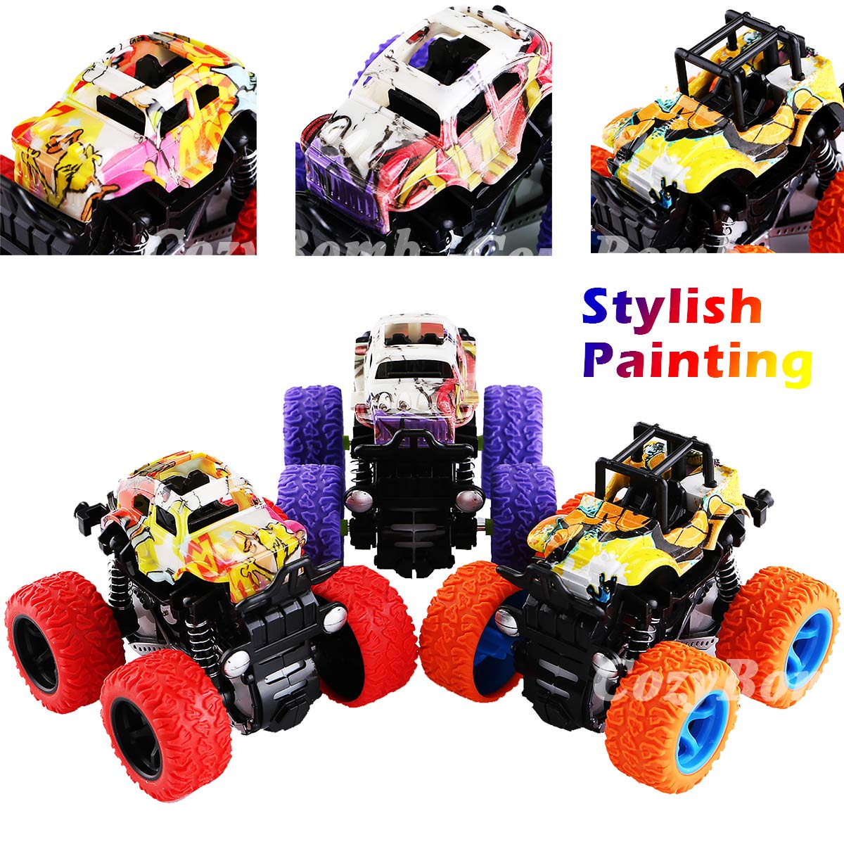 CozyBomB Monster Trucks – Friction-Powered 3-Pack Push & Go Toys for Kids 3–5