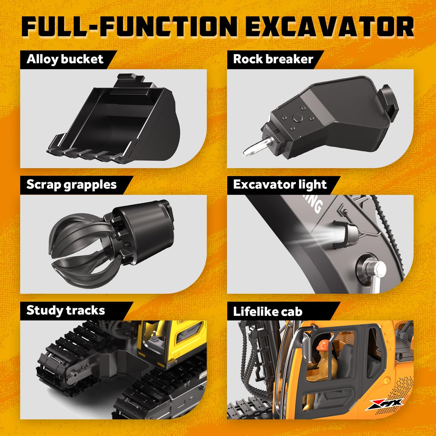 CozyBomB Remote Control Excavator Toys – 3-in-1 Attachments, 680° Rotation, Dual Batteries