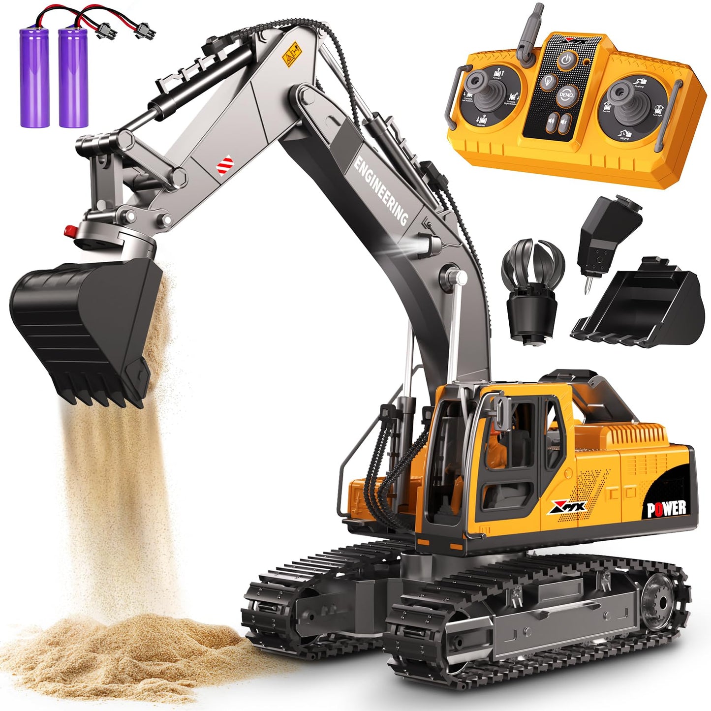 CozyBomB Remote Control Excavator Toys – 3-in-1 Attachments, 680° Rotation, Dual Batteries