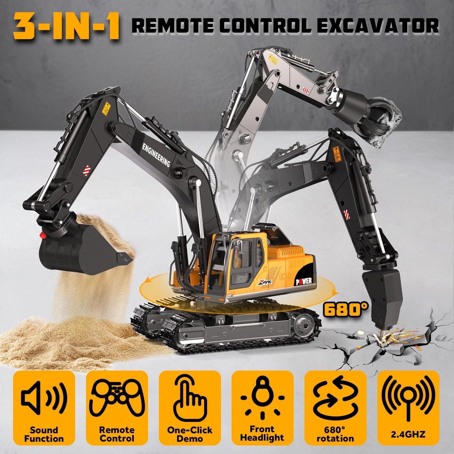 CozyBomB Remote Control Excavator Toys – 3-in-1 Attachments, 680° Rotation, Dual Batteries