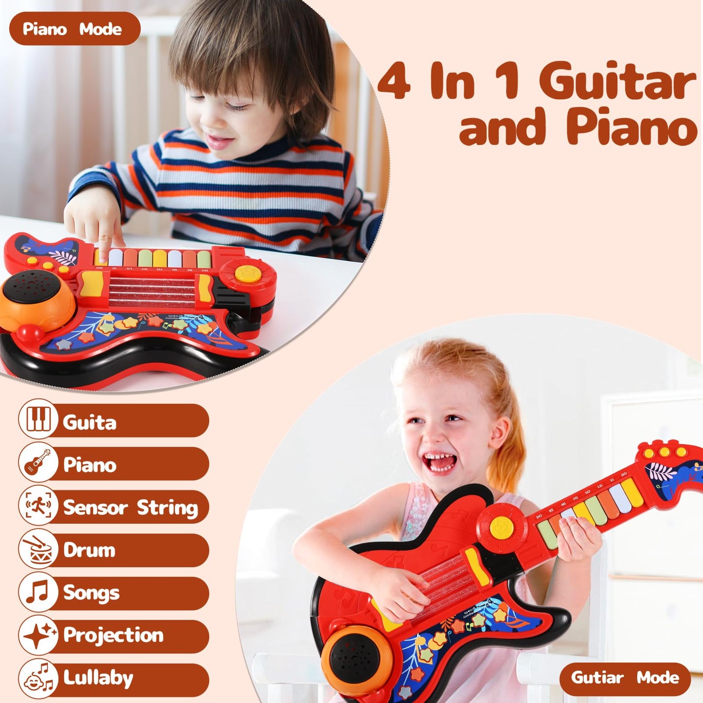 Cozybuy 4-in-1 Kid Guitar & Piano Toy for Toddlers (Ages 2-5) – Lullaby Projector & Lights