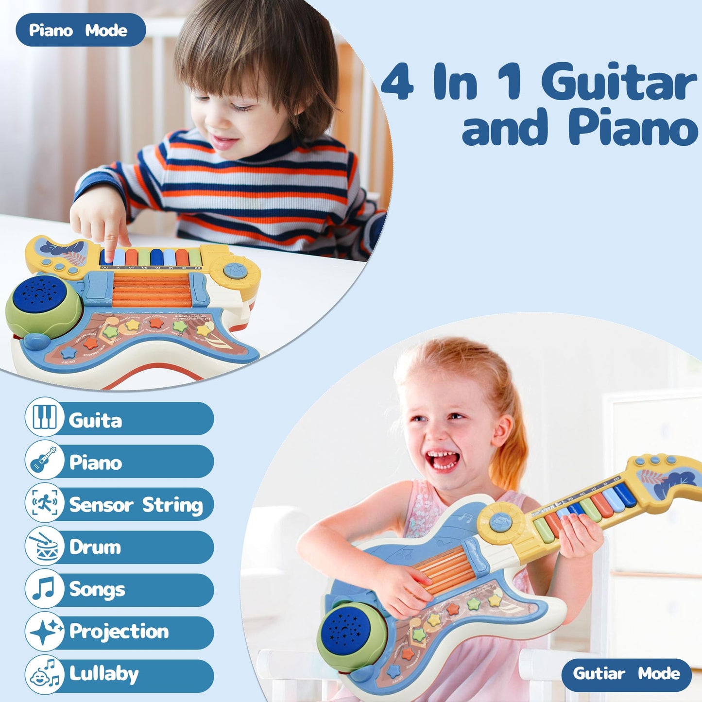 Cozybuy 4-in-1 Toddler Guitar & Piano Toy with Lullaby Projector – 2-5 Year Old Gift
