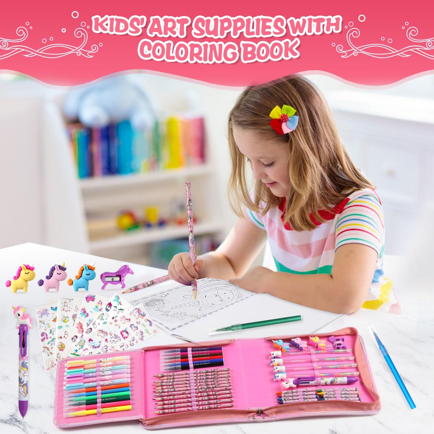 CozyJoyz Unicorn Washable Marker Set — 59 Pcs Kids Art Supplies for Girls 4-9 (Pink)