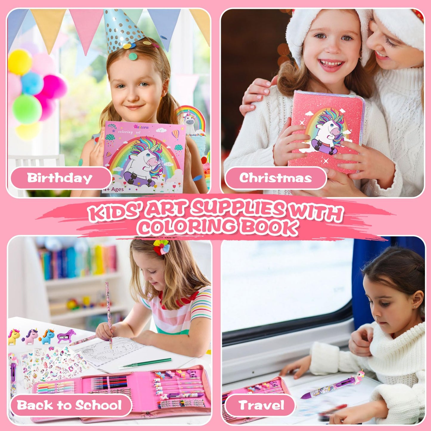 CozyJoyz Unicorn Washable Marker Set — 59 Pcs Kids Art Supplies for Girls 4-9 (Pink)