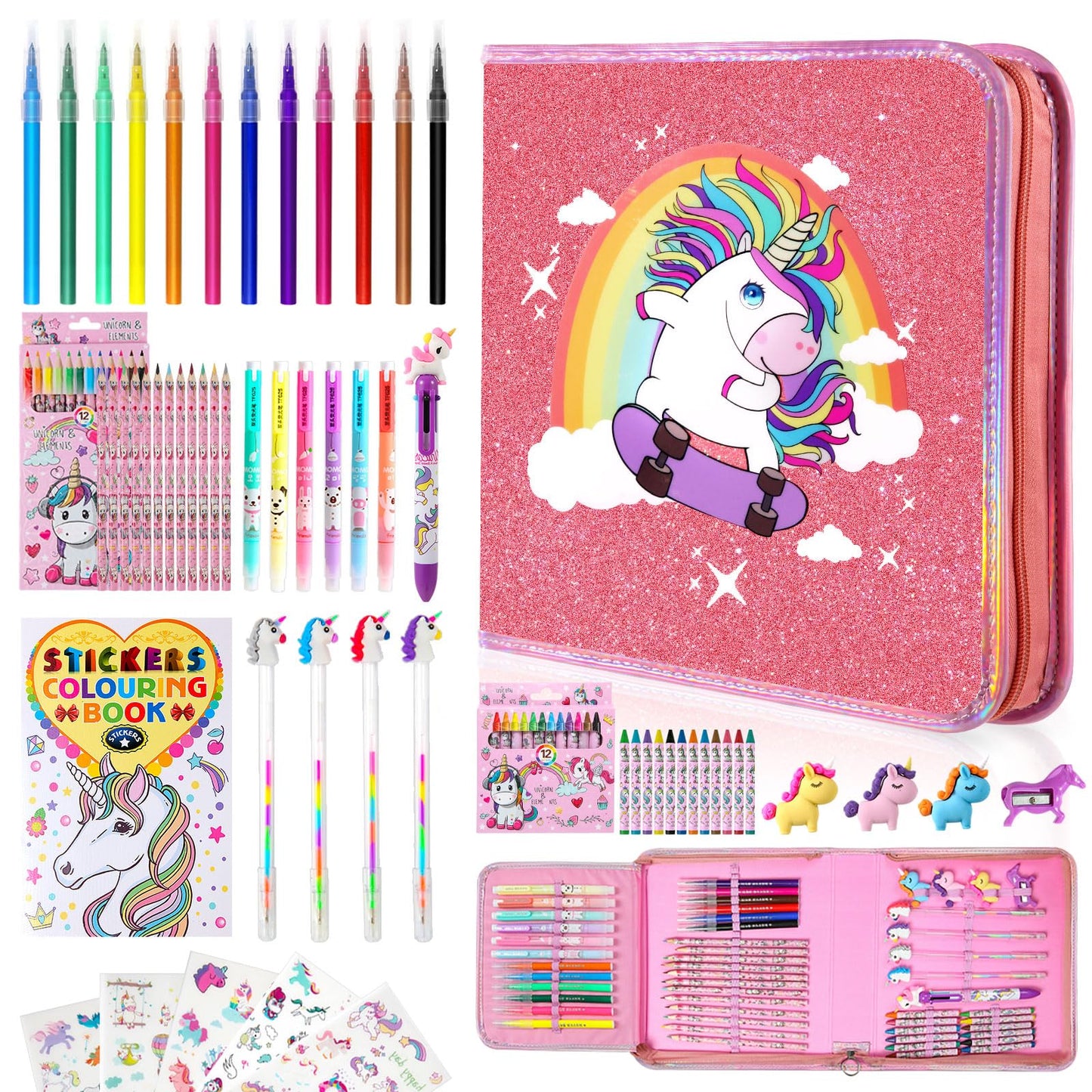 CozyJoyz Unicorn Washable Marker Set — 59 Pcs Kids Art Supplies for Girls 4-9 (Pink)