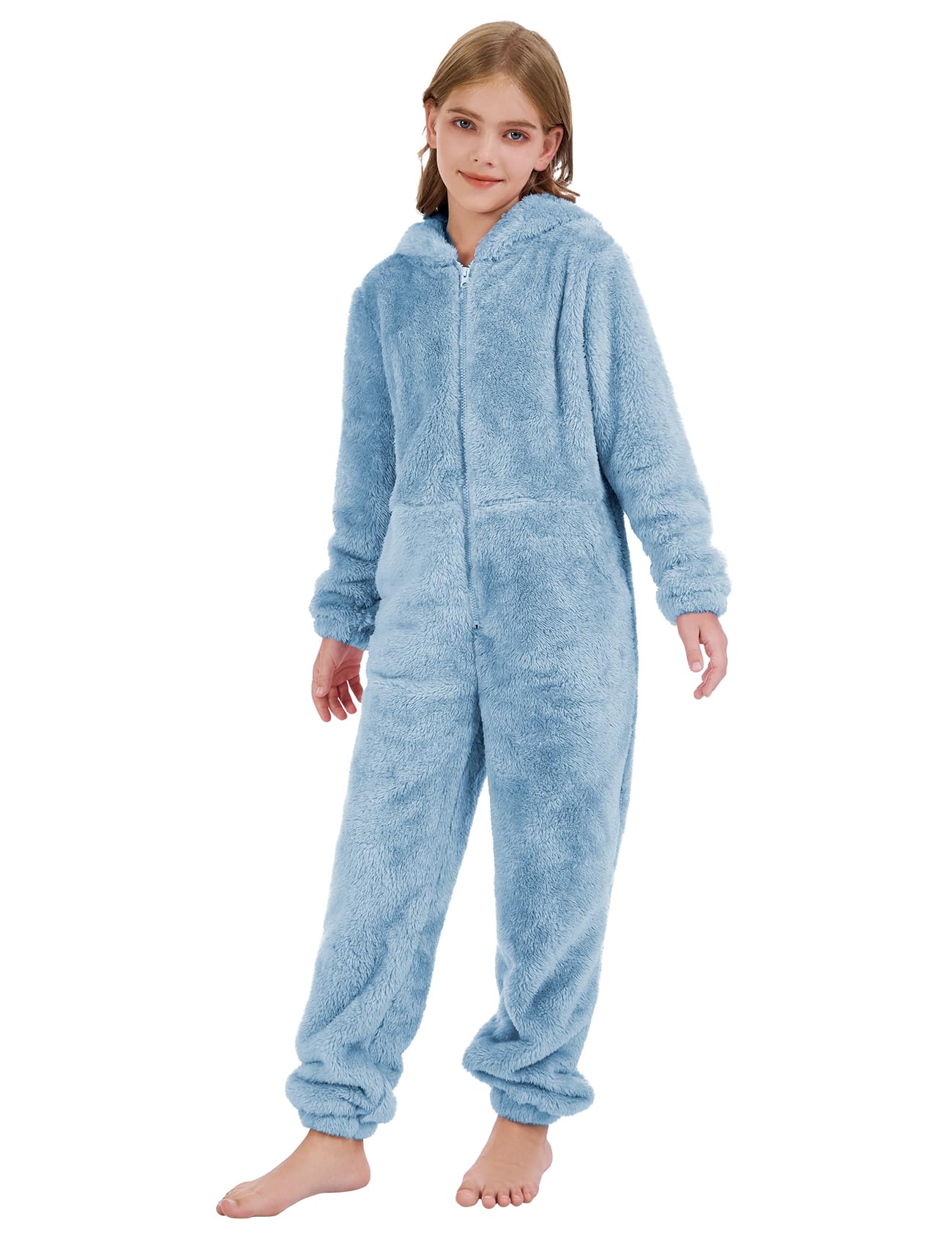 COZYPOIN Girls Fleece Zip Up Jumpsuit – Plush Hooded Romper (Blue, L)