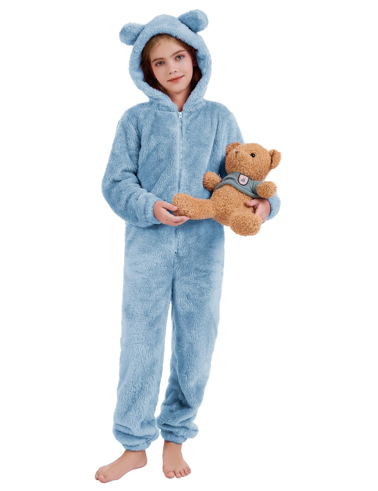 COZYPOIN Girls Fleece Zip Up Jumpsuit – Plush Hooded Romper (Blue, L)