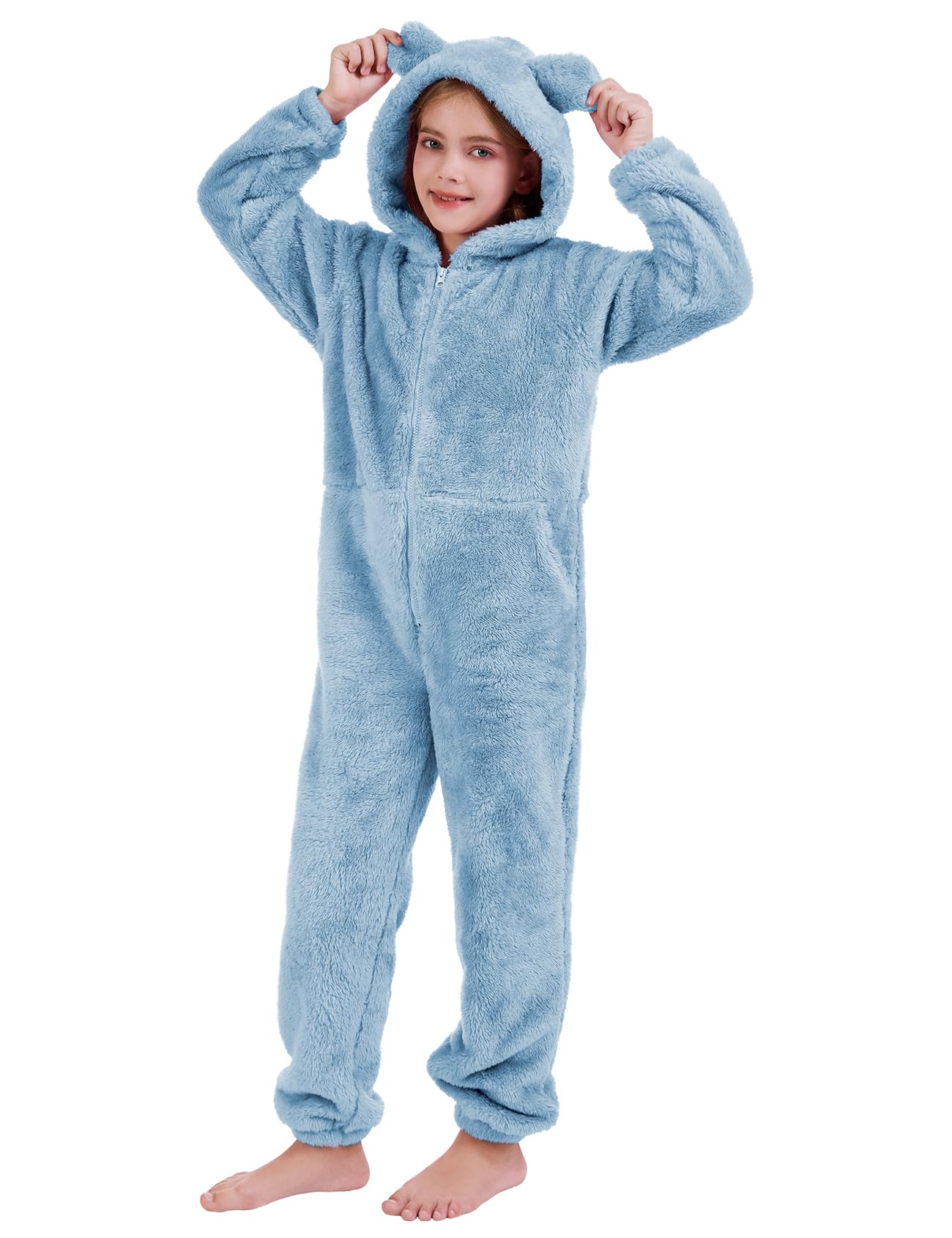 COZYPOIN Girls Fleece Zip Up Jumpsuit – Plush Hooded Romper (Blue, L)