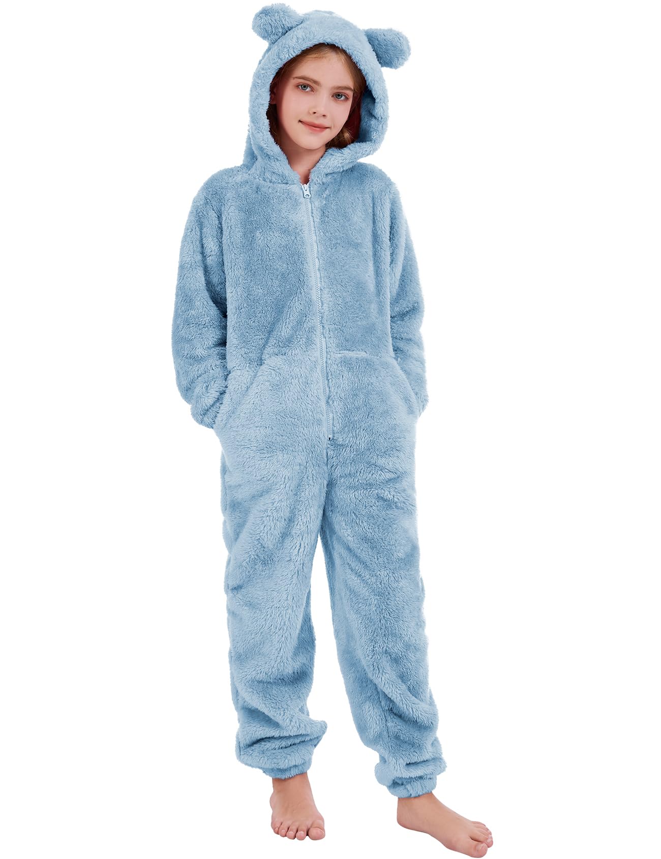 COZYPOIN Girls Fleece Zip Up Jumpsuit – Plush Hooded Romper (Blue, L)