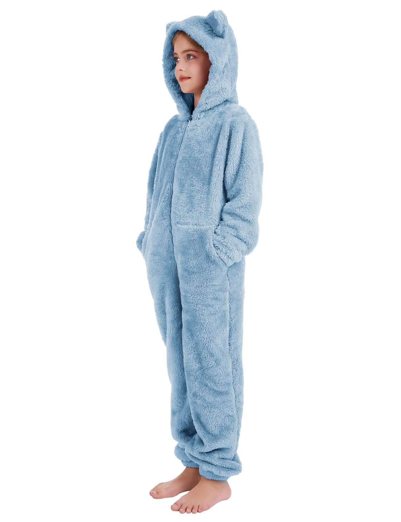 COZYPOIN Girls Fleece Zip Up Jumpsuit – Plush Hooded Romper (Blue, L)