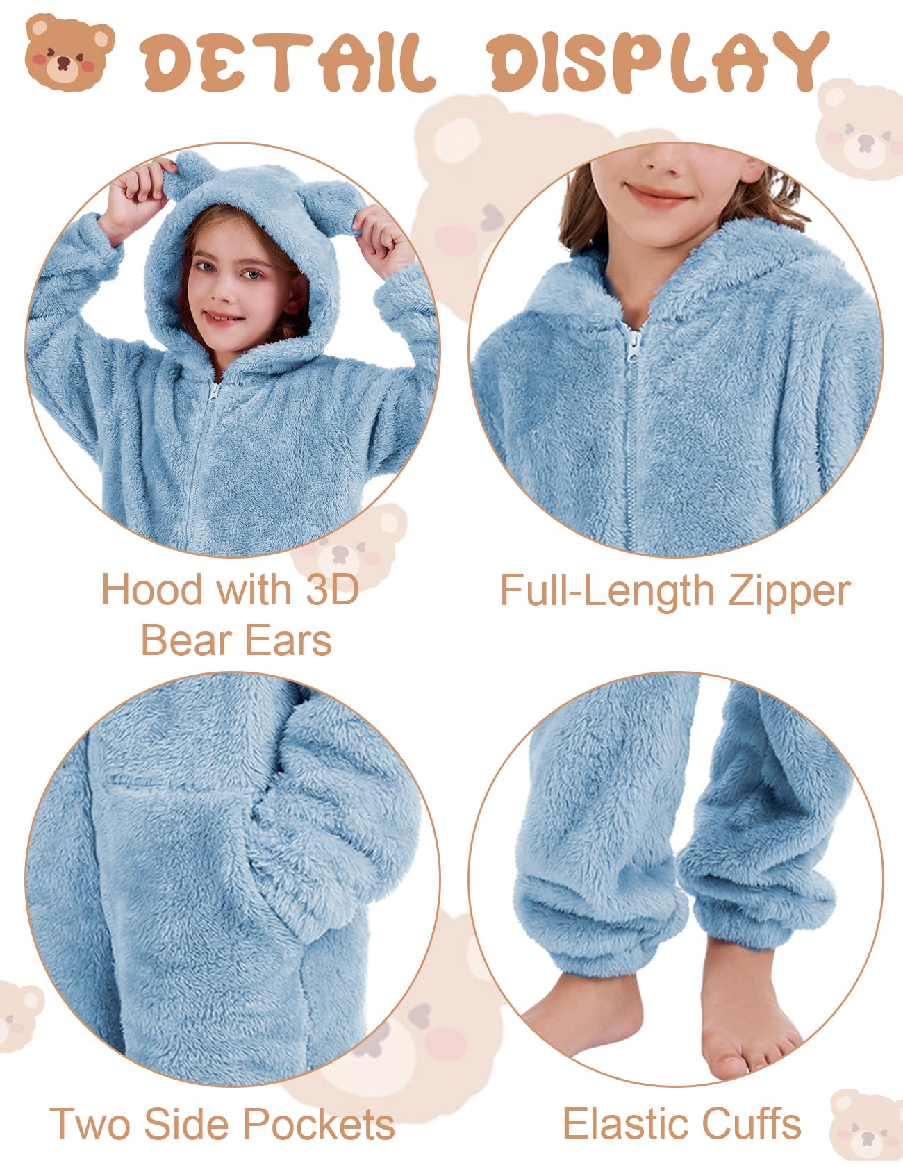 COZYPOIN Girls Fleece Zip Up Jumpsuit – Plush Hooded Romper (Blue, L)