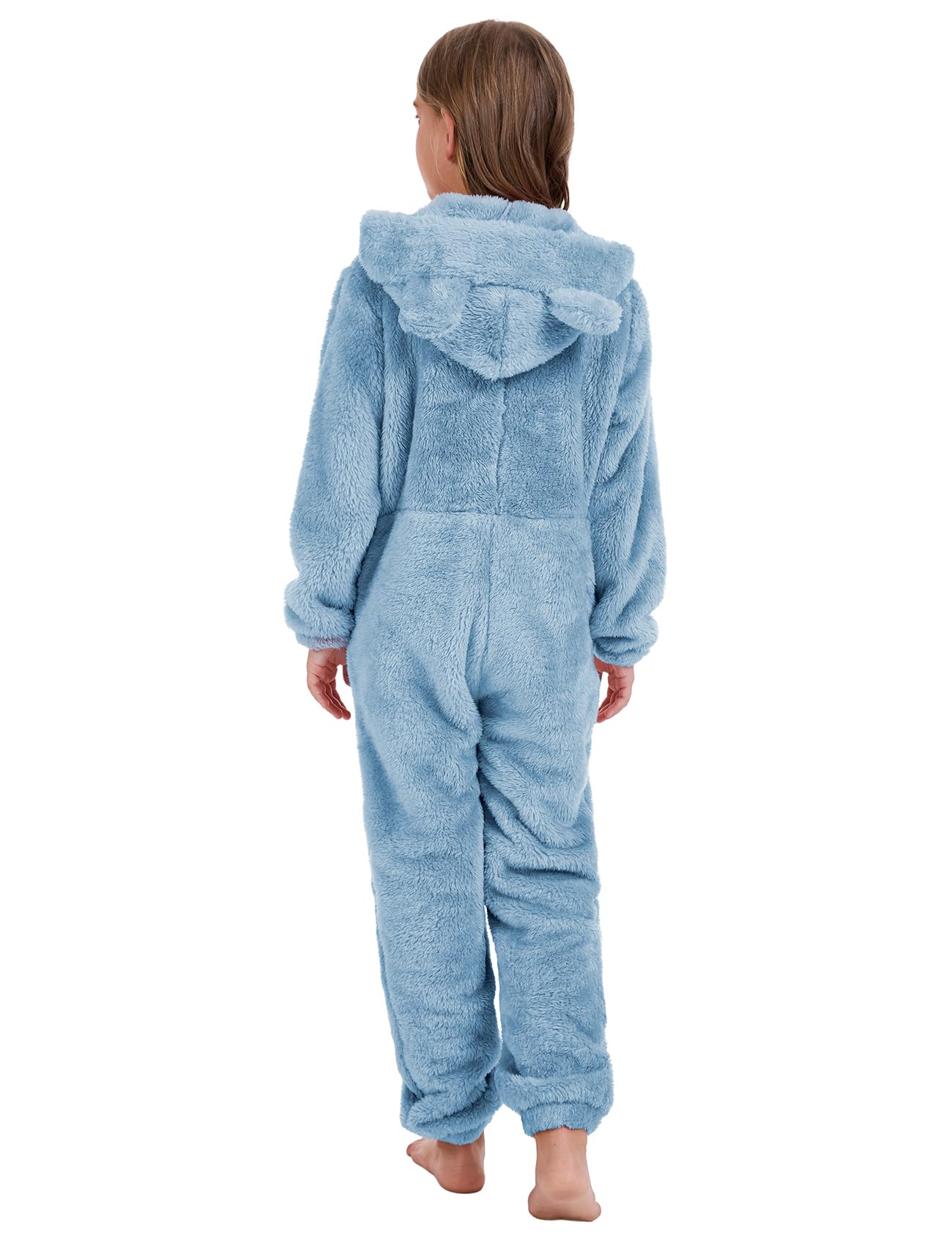 COZYPOIN Girls Fleece Zip Up Jumpsuit – Plush Hooded Romper (Blue, L)