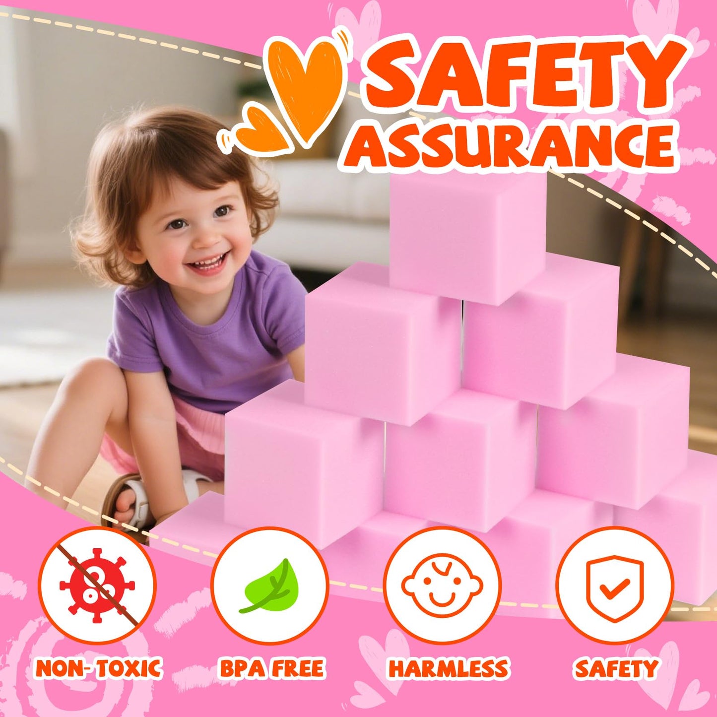 COZYTRAUM 48-Pack 5.12-Inch Pink Foam Cubes for Safe Indoor Play Pits, Trampolines & Gyms