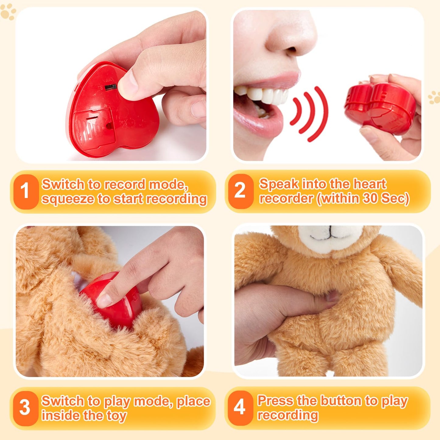 CozyWorld 12-inch Heartbeat Recordable Teddy Bear – Voice Recorder Plush Toy for Kids