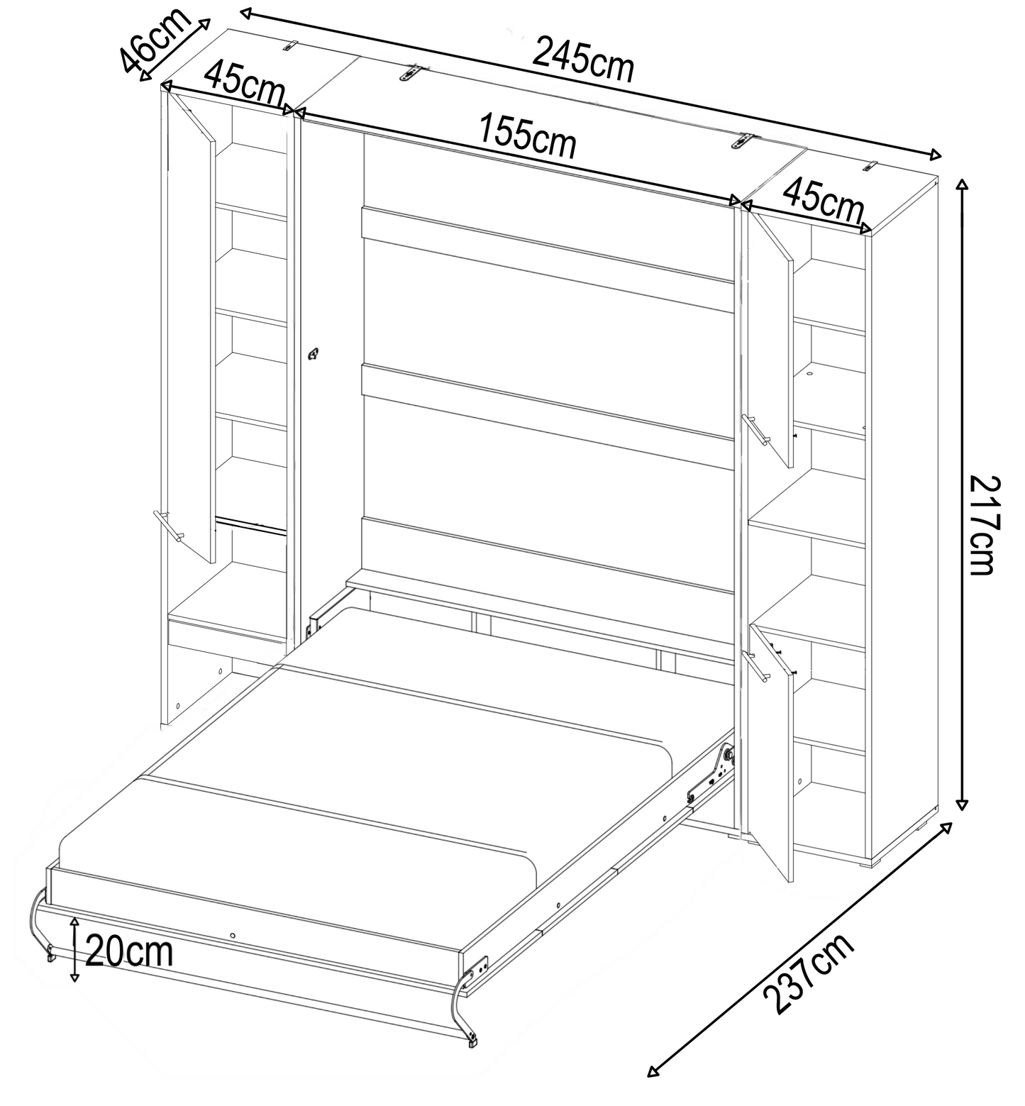 Vertical Folding Wall Bed with Storage Cabinets – Double 140cm | Pull Down Bed with Side Wardrobes