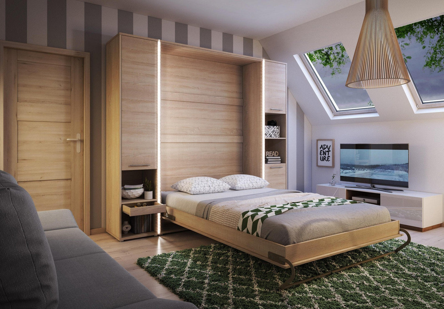 Vertical Folding Wall Bed with Storage Cabinets – Double 140cm | Pull Down Bed with Side Wardrobes