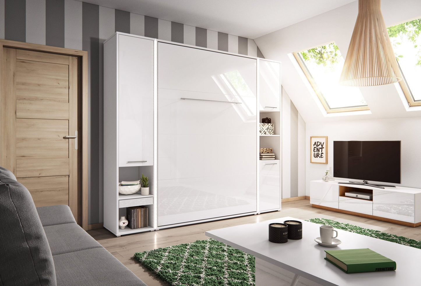 Vertical Folding Wall Bed with Storage Cabinets – Double 140cm | Pull Down Bed with Side Wardrobes