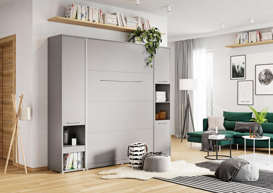 Vertical Folding Wall Bed with Storage Cabinet – Single 90cm | Pull Down Bed with Side Wardrobe