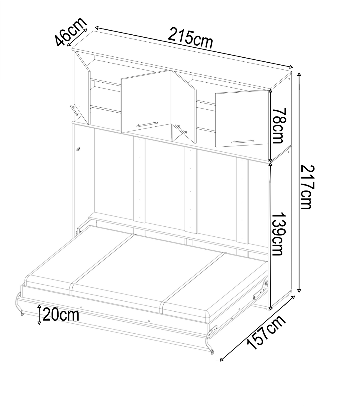 Small Double (120cm) Horizontal Wall Bed with Cabinet