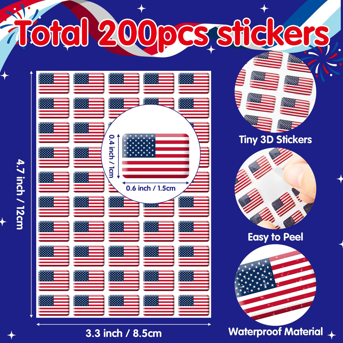 CPicdn 200Pcs American Flag 3D Dome Stickers – Waterproof Patriotic Decals for Laptops, Water Bottles, and Gifts