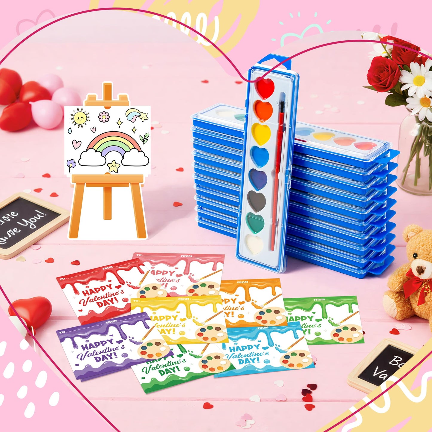 CPicdn 24Pack Valentine’s Day Gift Cards with Watercolor Paint Set | Kids Art Cards & Easel Stand