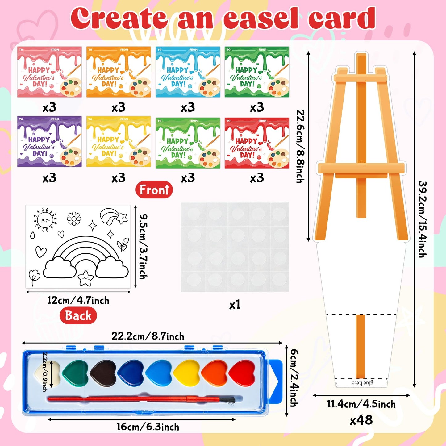 CPicdn 24Pack Valentine’s Day Gift Cards with Watercolor Paint Set | Kids Art Cards & Easel Stand