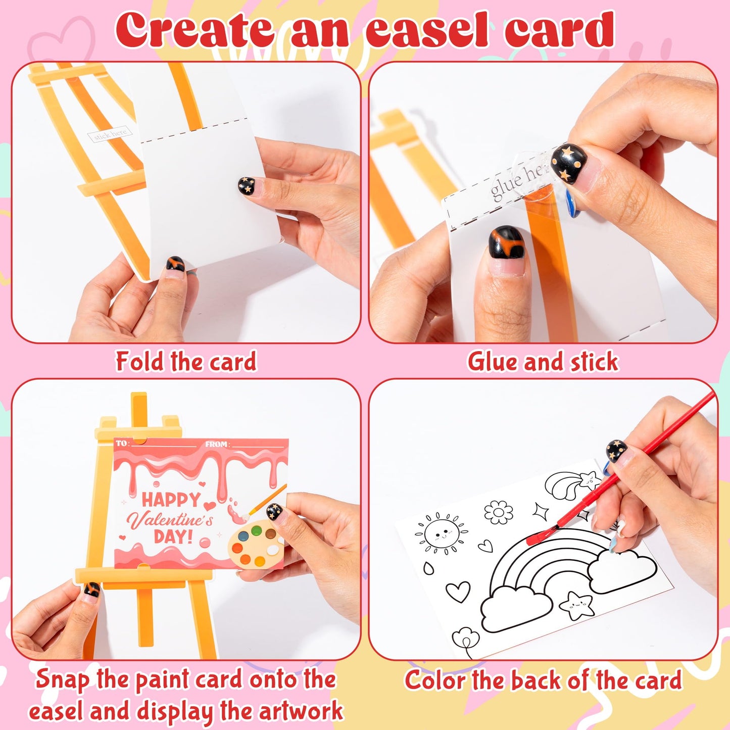 CPicdn 24Pack Valentine’s Day Gift Cards with Watercolor Paint Set | Kids Art Cards & Easel Stand