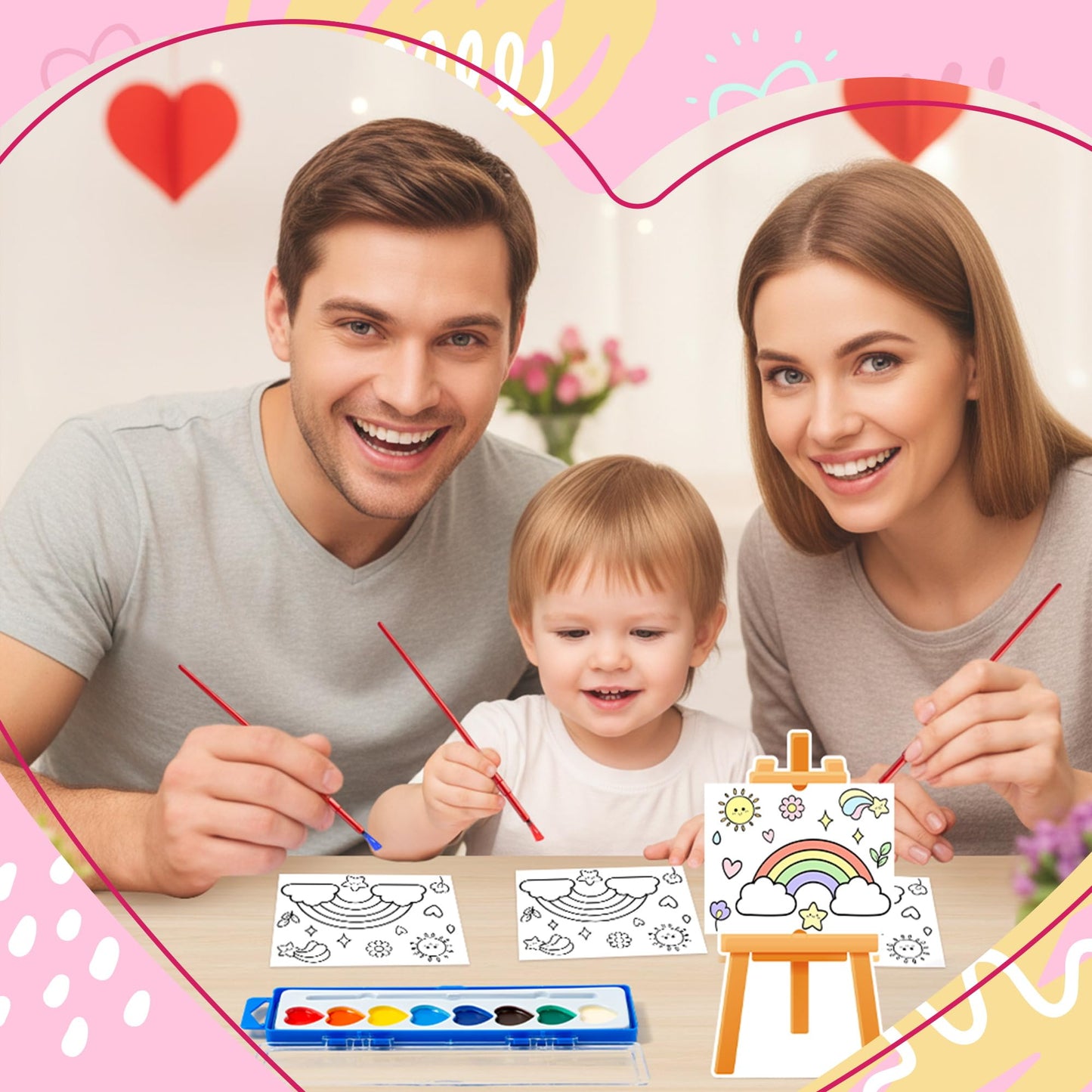 CPicdn 24Pack Valentine’s Day Gift Cards with Watercolor Paint Set | Kids Art Cards & Easel Stand