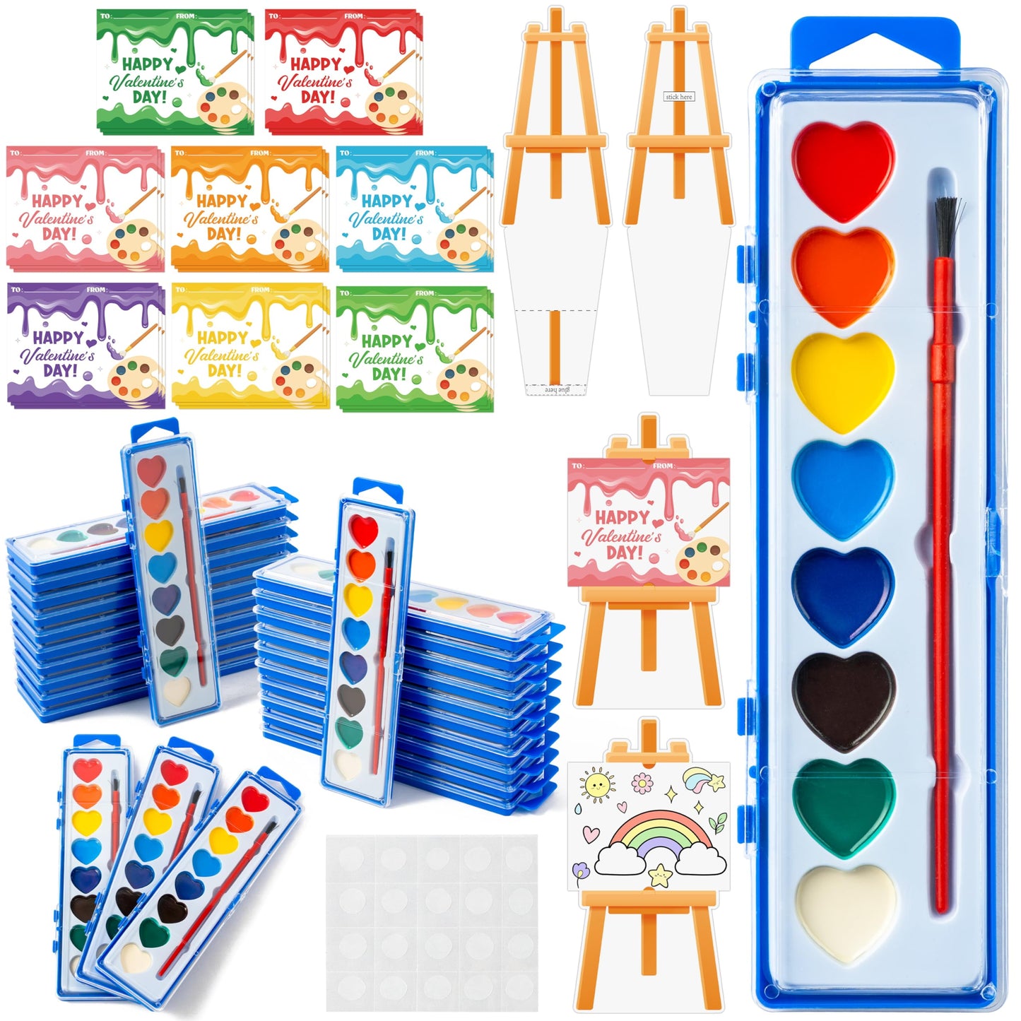 CPicdn 24Pack Valentine’s Day Gift Cards with Watercolor Paint Set | Kids Art Cards & Easel Stand