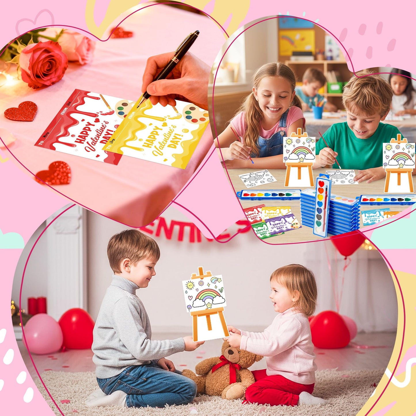 CPicdn 24Pack Valentine’s Day Gift Cards with Watercolor Paint Set | Kids Art Cards & Easel Stand