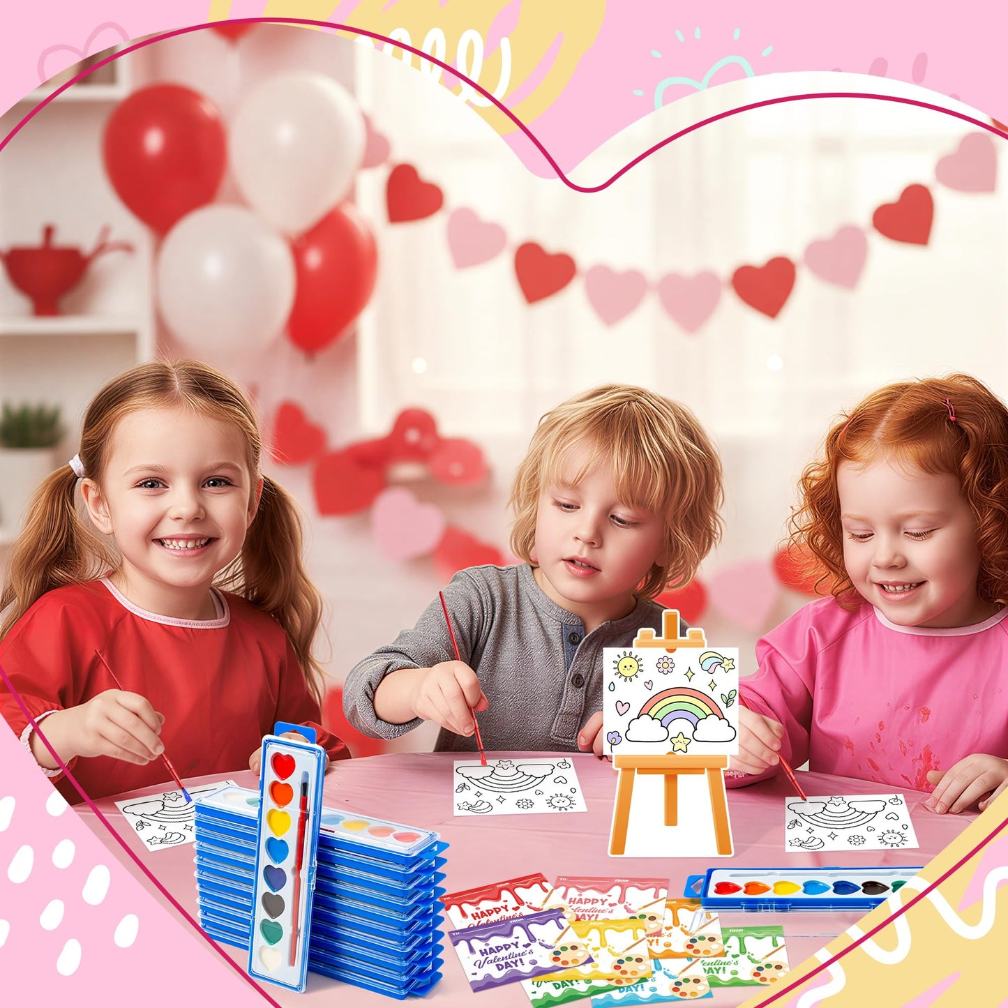 CPicdn 24Pack Valentine’s Day Gift Cards with Watercolor Paint Set | Kids Art Cards & Easel Stand