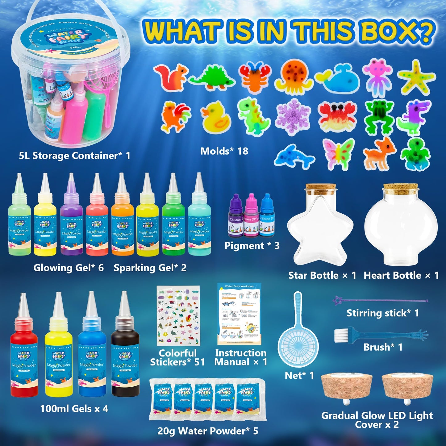 Craft Spot! LED Night Light Aqua Sea World Craft Kit for Kids – Glow Gel Water Pets & 18 Molds
