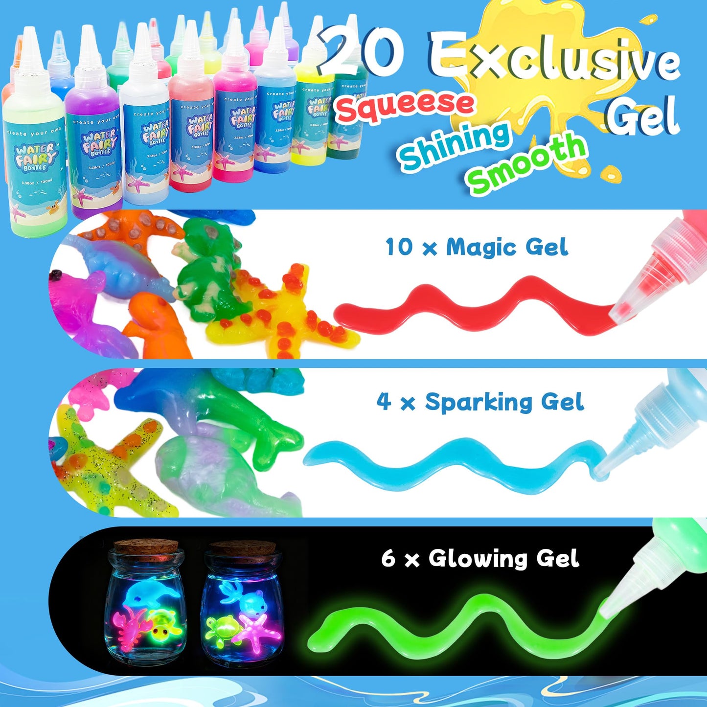 Craft Spot! 116PCS Glow-in-the-Dark Water Fairy Kit – 18 Molds, 100ml Color Gels, STEM Toy for Kids