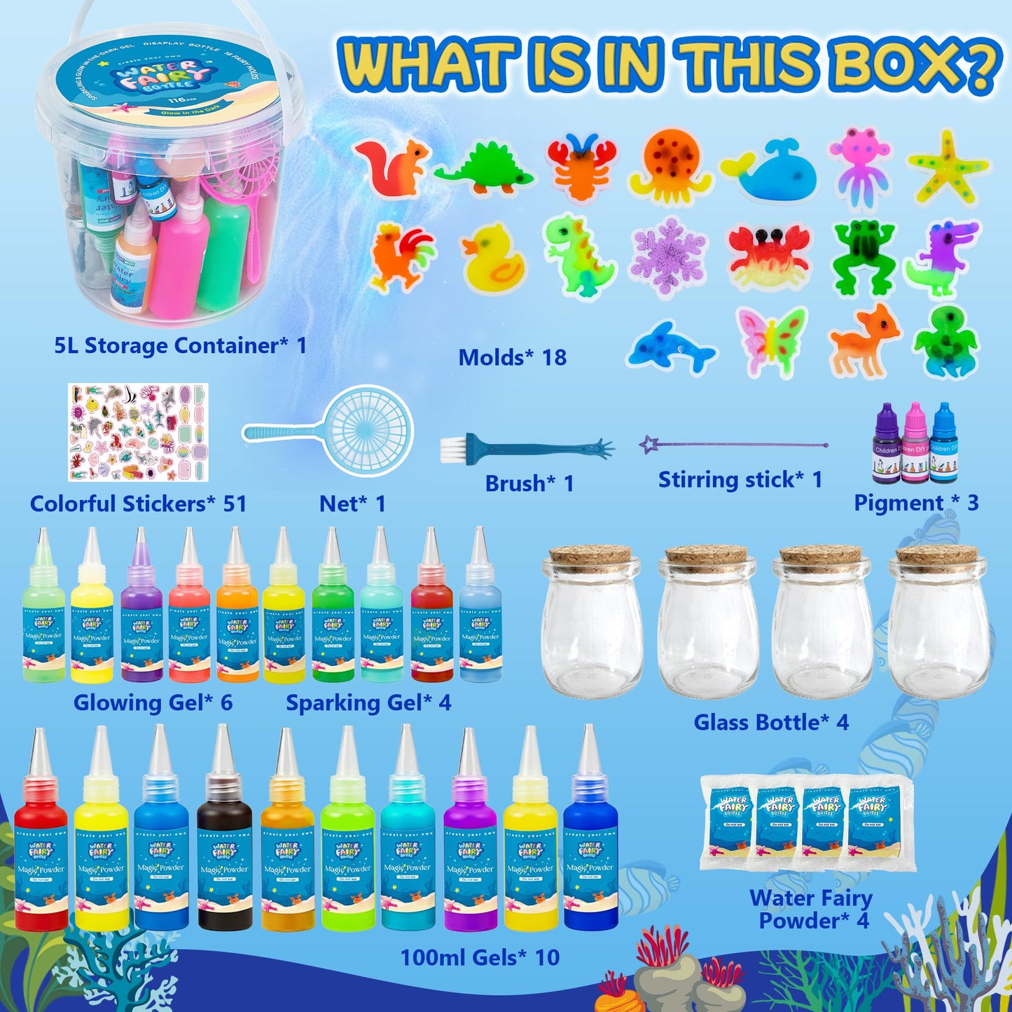 Craft Spot! 116PCS Glow-in-the-Dark Water Fairy Kit – 18 Molds, 100ml Color Gels, STEM Toy for Kids