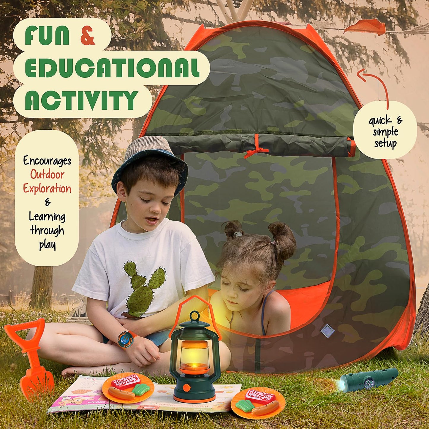 CraftBud Kids Camping Set with Pop-Up Tent – Portable Outdoor Play Kit for Ages 3-6
