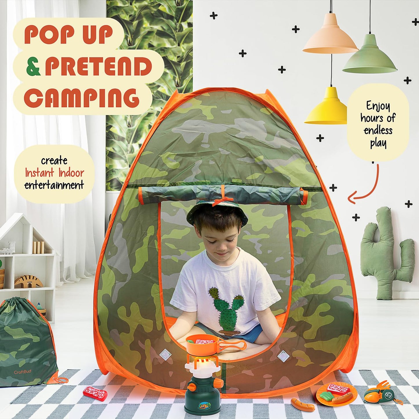 CraftBud Kids Camping Set with Pop-Up Tent – Portable Outdoor Play Kit for Ages 3-6