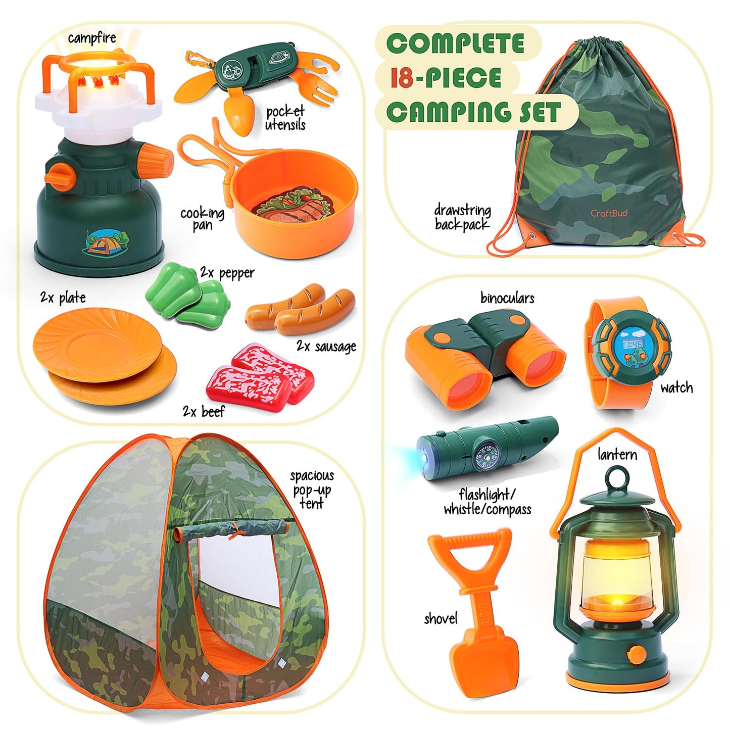 CraftBud Kids Camping Set with Pop-Up Tent – Portable Outdoor Play Kit for Ages 3-6